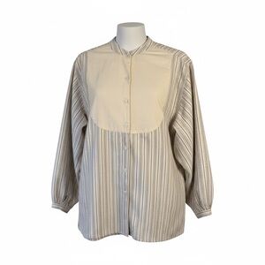 Bass Cream Grey Striped Button Down Shirt Size 8 Cottagecore Casual Neutral
